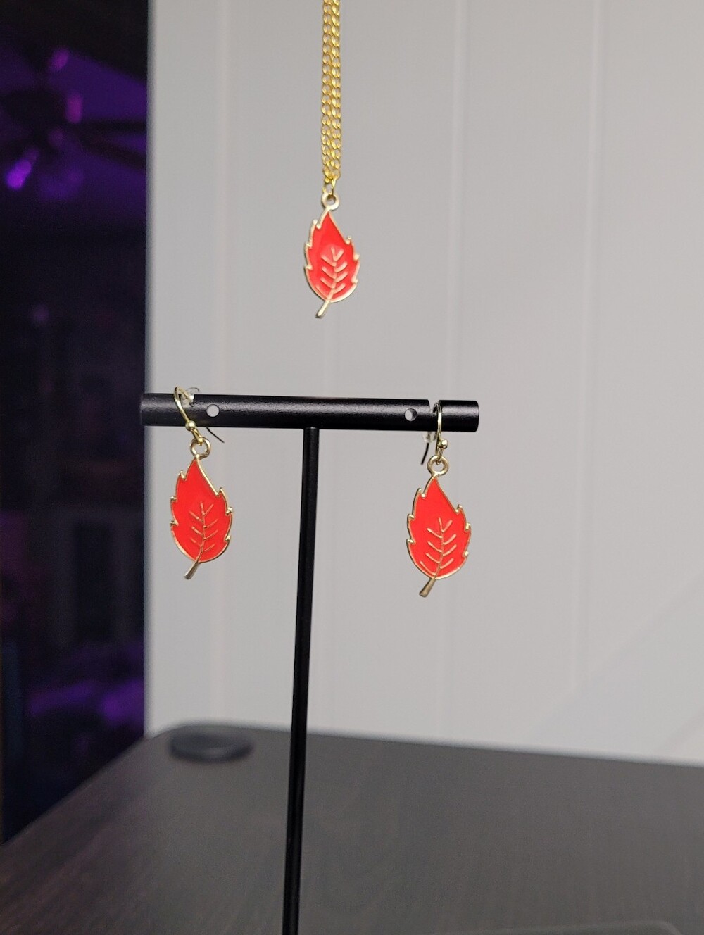 Hand Crafted Gold Leaf Necklace and Red Enamel Earrings Set NWT